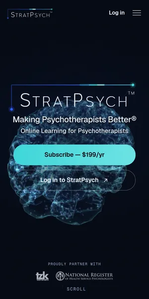 The StratPsych site on a phone: the logo over a glowing 3D brain