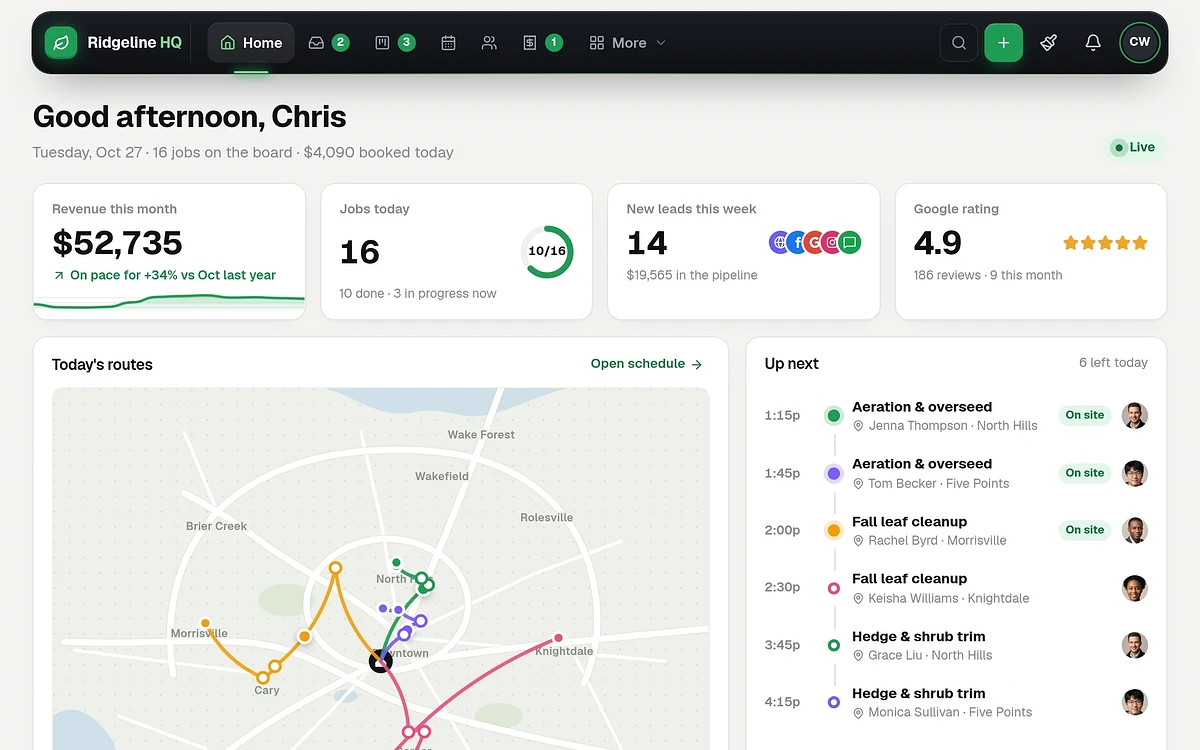 An HQ dashboard for a sample lawn care business: revenue this month, jobs today, new leads, Google rating, today&rsquo;s crew routes on a map and the next jobs