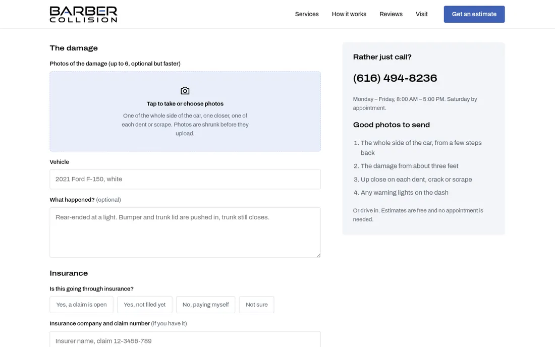 The new estimate page: a photo picker for up to six photos of the damage, and the shop's number beside it.