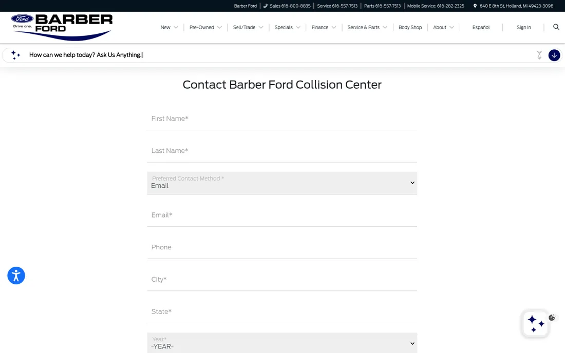 The old Contact Barber Ford Collision Center form: name, contact method, email, phone, city and state fields.