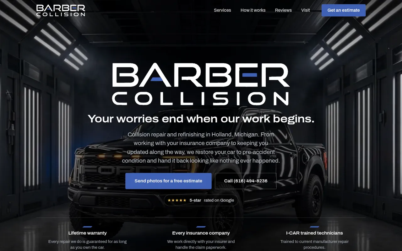 The new Barber Collision home page: their logo centred over a black Ford Raptor in a lit paint booth, with Send photos for a free estimate and the shop's phone number beneath.