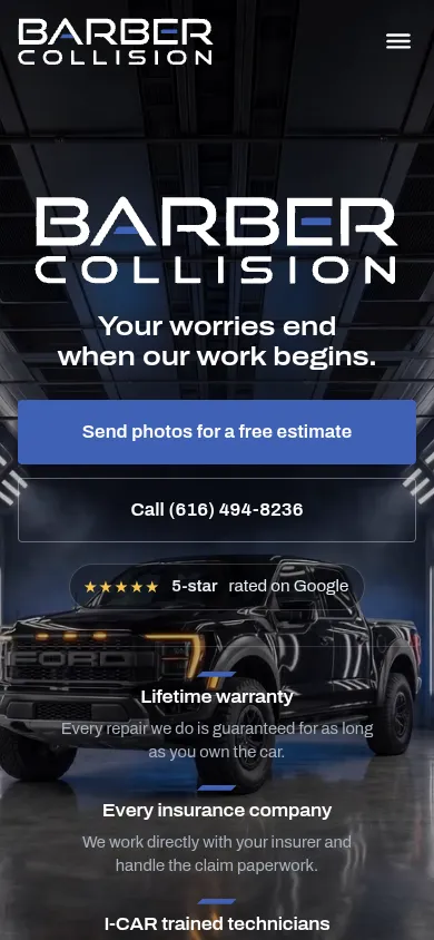 The new Barber Collision site on a phone: the logo, the slogan, an estimate button and a call button on the first screen.