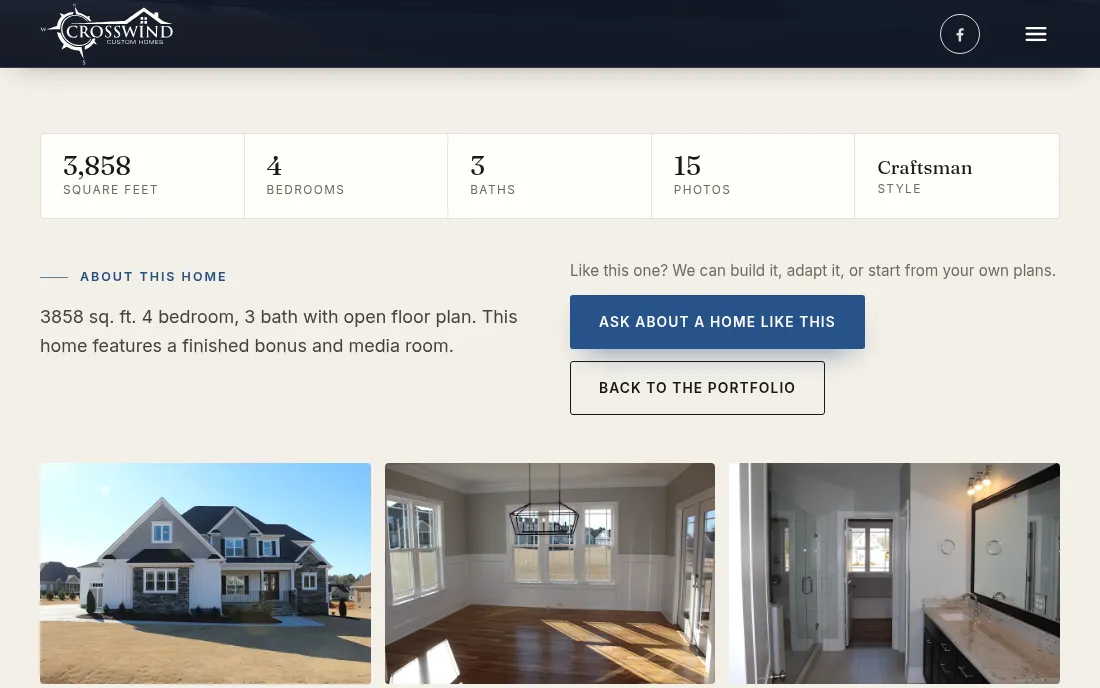 The new page for Lot 36 McLemore: 3,858 square feet, 4 bedrooms, 3 baths, 15 photos and Craftsman in one row, an Ask about a home like this button, and large photos below.