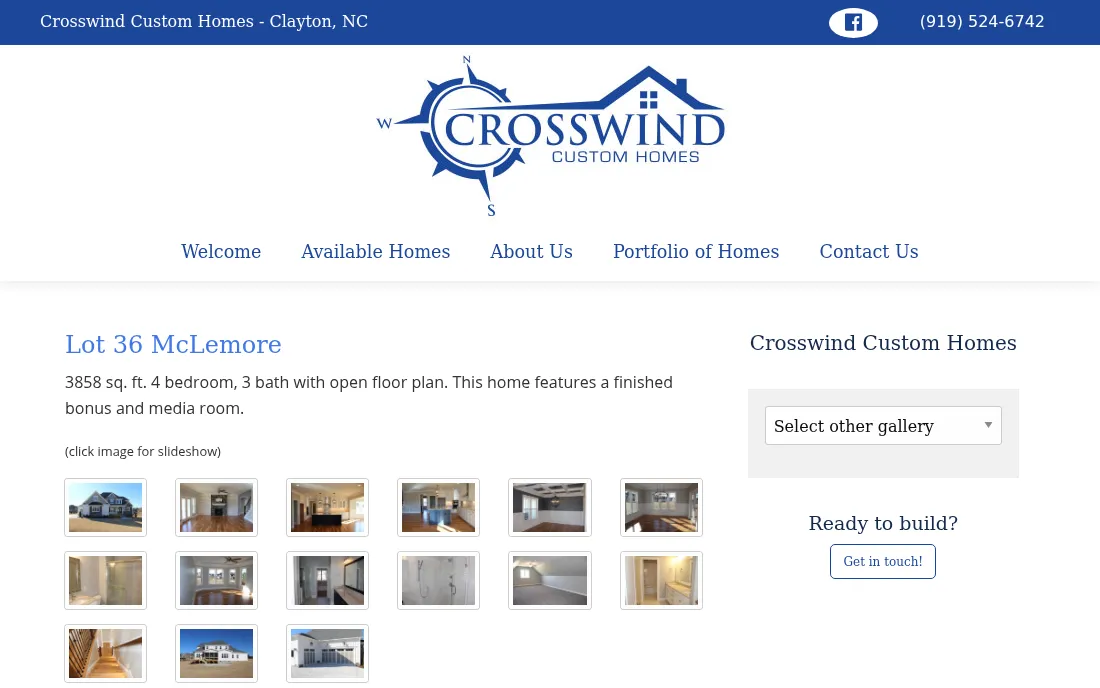 The old page for Lot 36 McLemore: two lines of text over three rows of small thumbnails, with a Select other gallery dropdown beside them.