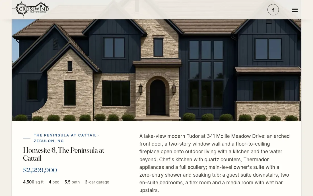 The new Available Homes page: a card for Homesite 6 at The Peninsula at Cattail in Zebulon, $2,299,900, 4,500 square feet, 4 bedrooms, 5.5 baths, beside its description.