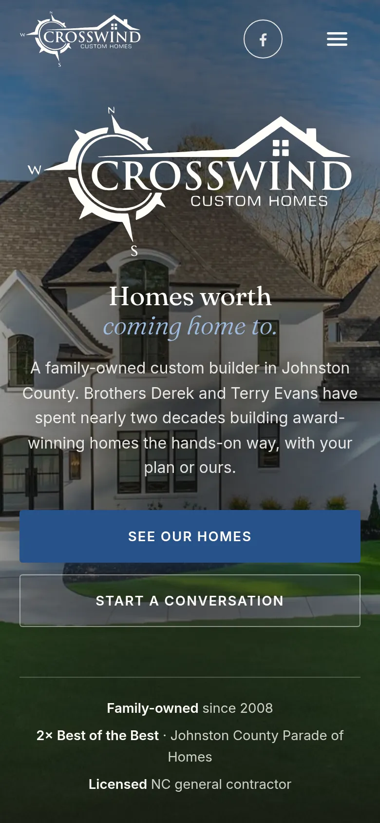 The new site on a phone: the Crosswind logo over a finished home, with the headline and two full-width buttons.