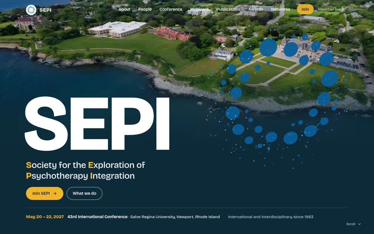 The redesigned SEPI home page: an aerial photo of Salve Regina University with SEPI set across it in large type.