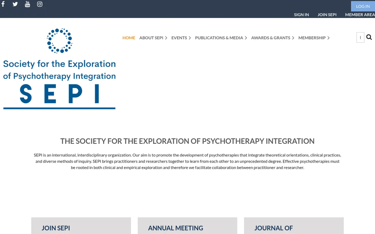 The old SEPI home page: a small logo, a wall of centred text and three grey boxes.