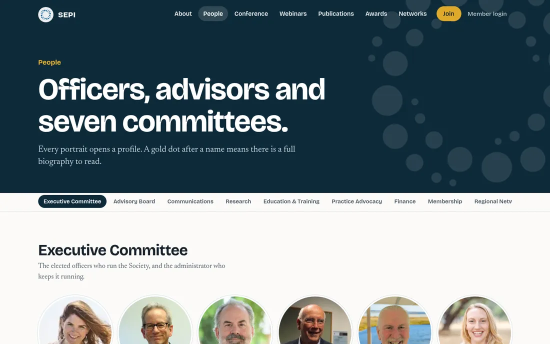 The new People page: committee tabs above a grid of round portraits.