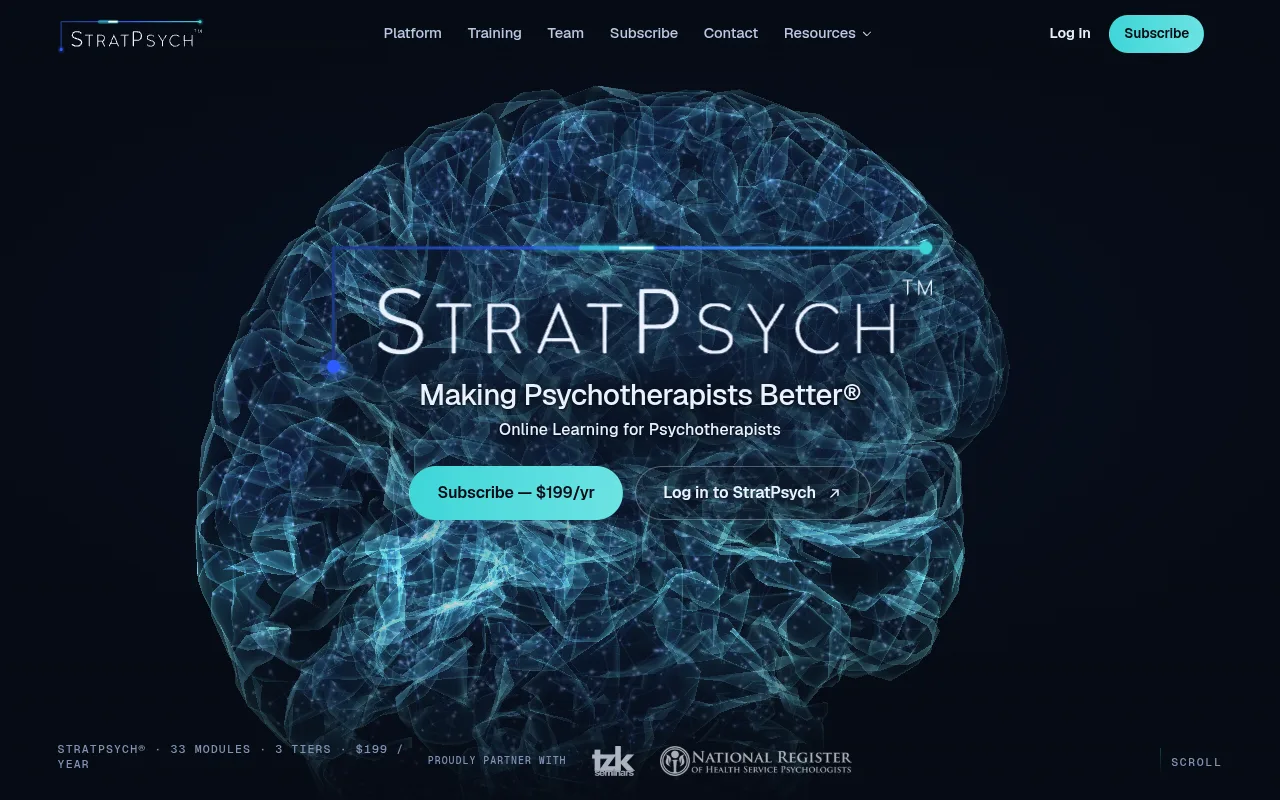 The new StratPsych home page: the StratPsych logo centred over a glowing, translucent 3D brain, with Subscribe for $199 a year and Log in to StratPsych beneath.