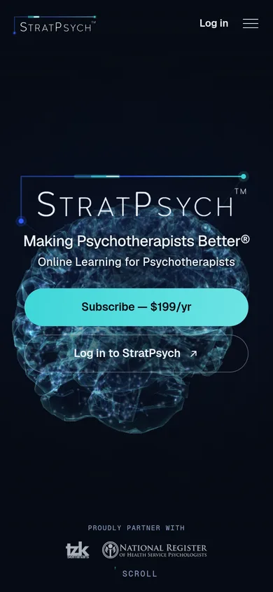 The new site on a phone: the StratPsych logo over the 3D brain, with Subscribe for $199 a year and Log in buttons.