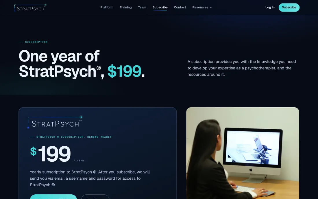 The new subscription page: One year of StratPsych, $199, with a price card that says it renews yearly.