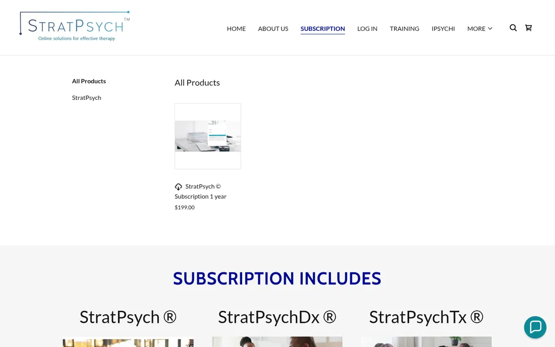 The old subscription page: an All Products store listing with a single small tile for the StratPsych subscription.