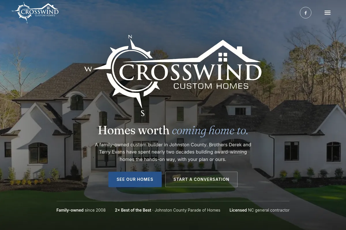 The Crosswind Custom Homes site on a desktop screen